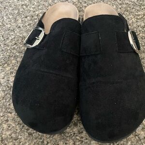 Black Suede Clogs with Silver Buckle